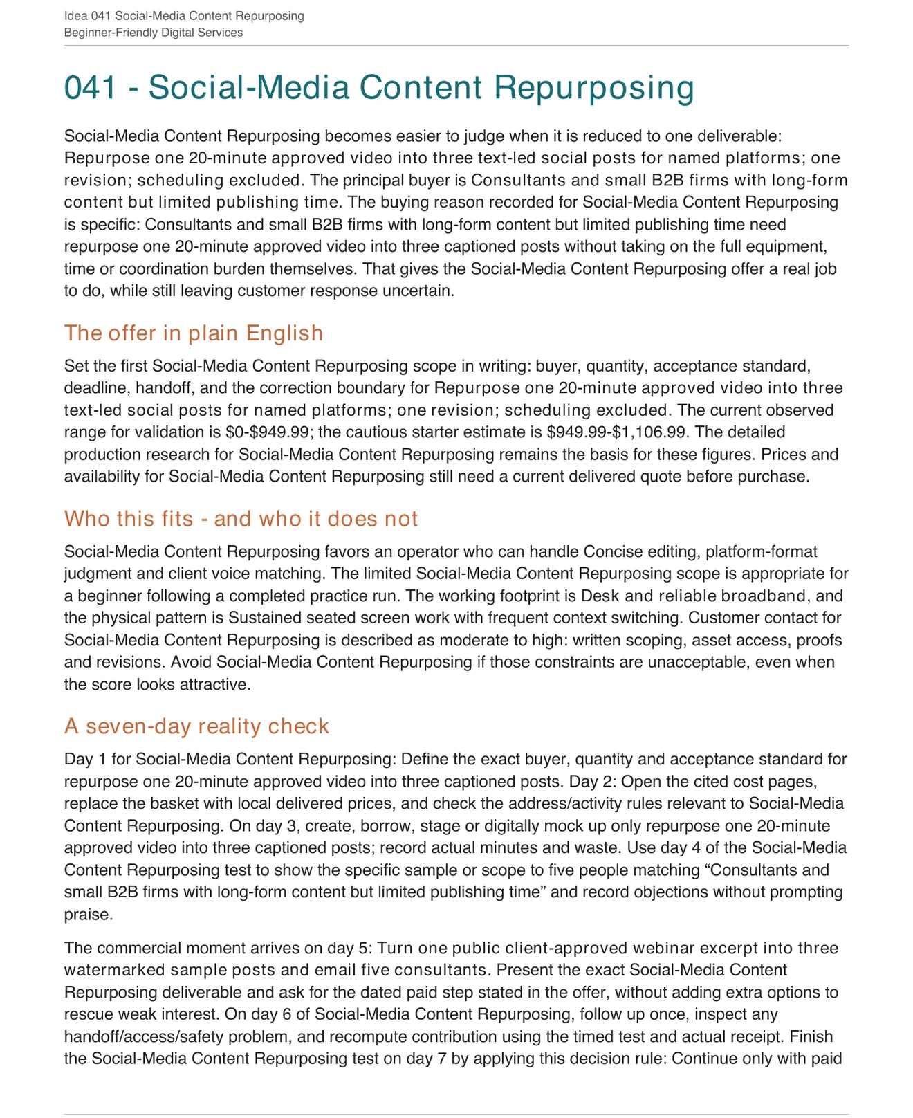 Real profile page for Social-Media Content Repurposing from 100 Home-Based Business Ideas