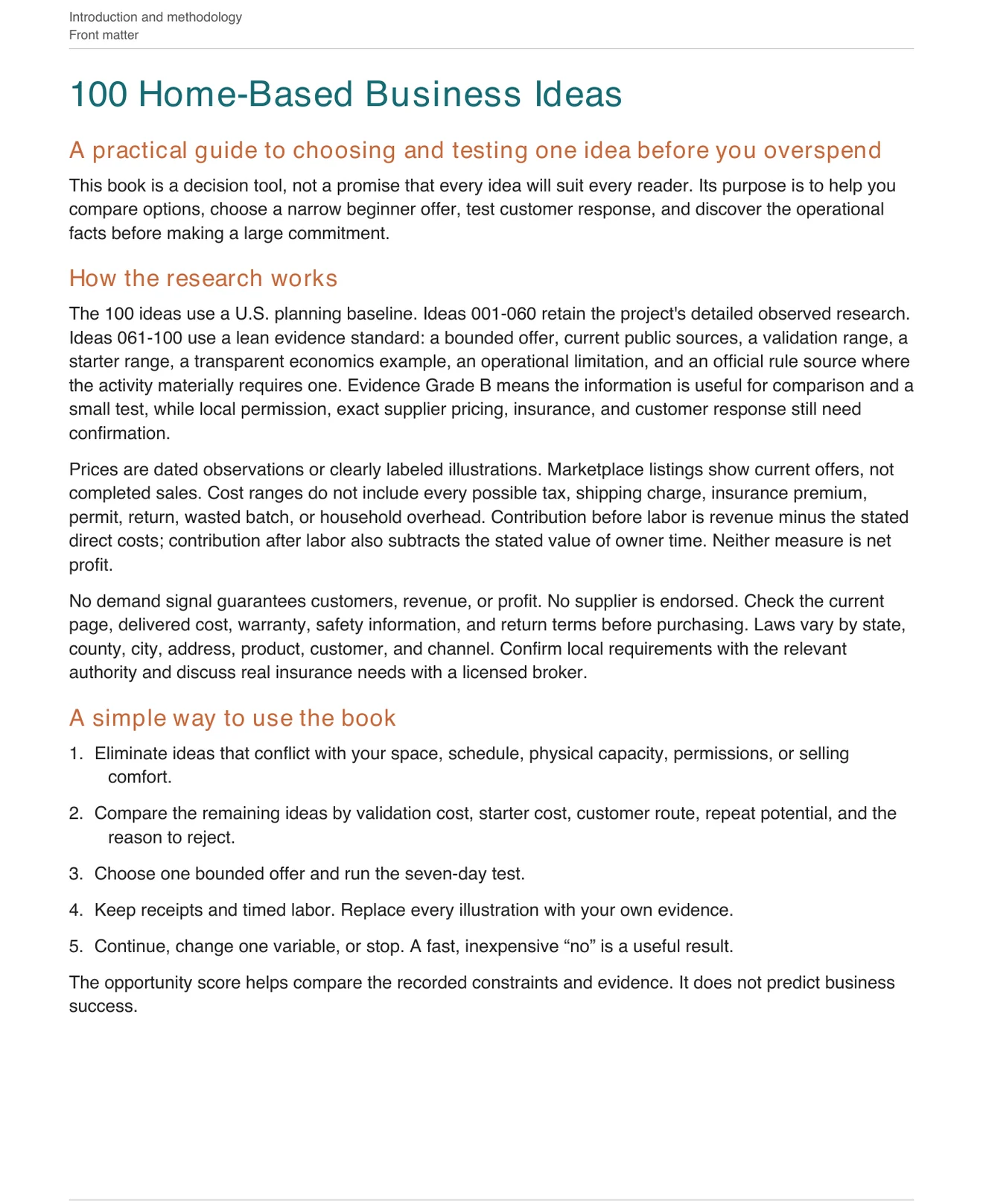 Introduction and methodology page from 100 Home-Based Business Ideas