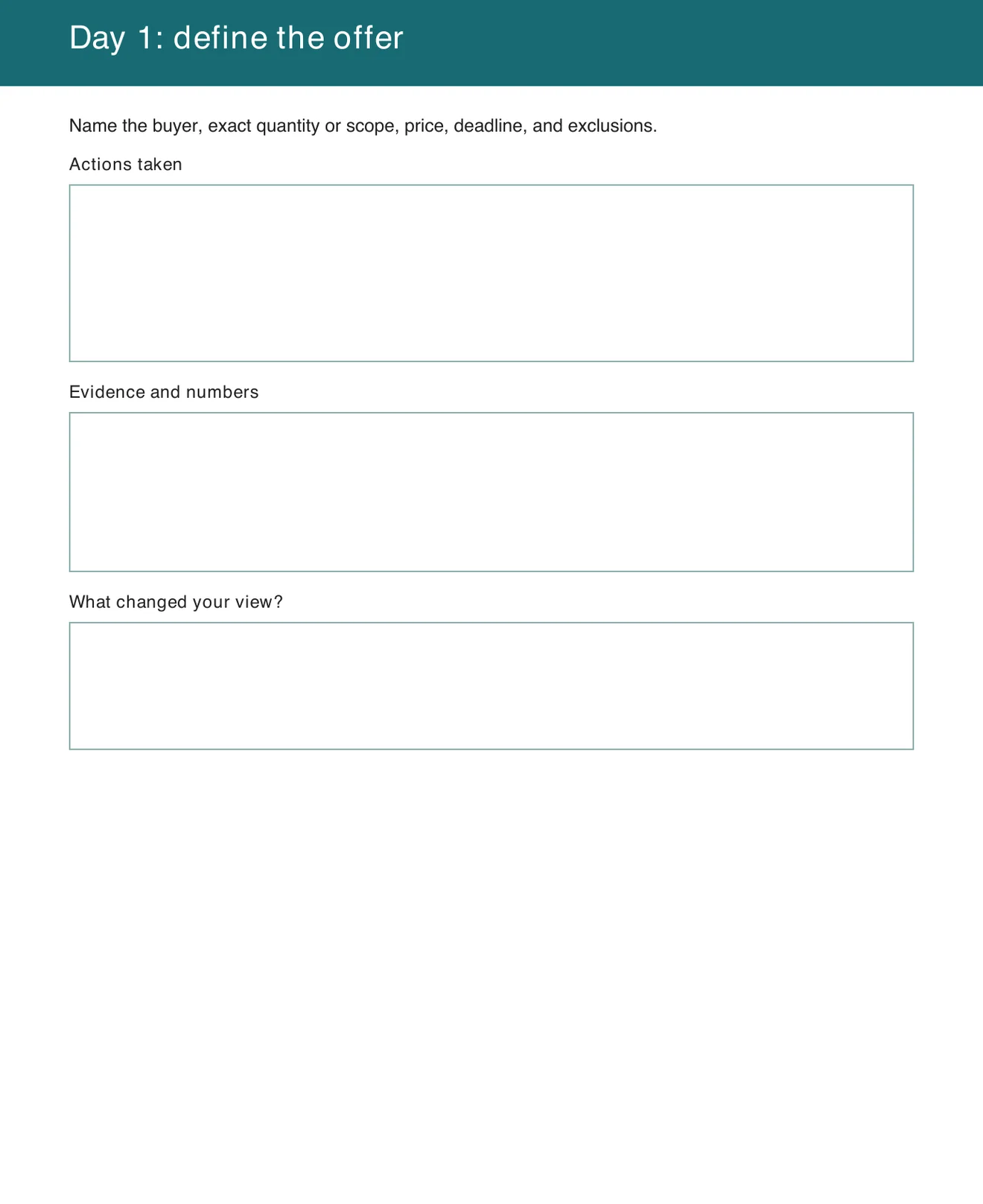 Day 1 define the offer page from The 7-Day Home Business Test workbook