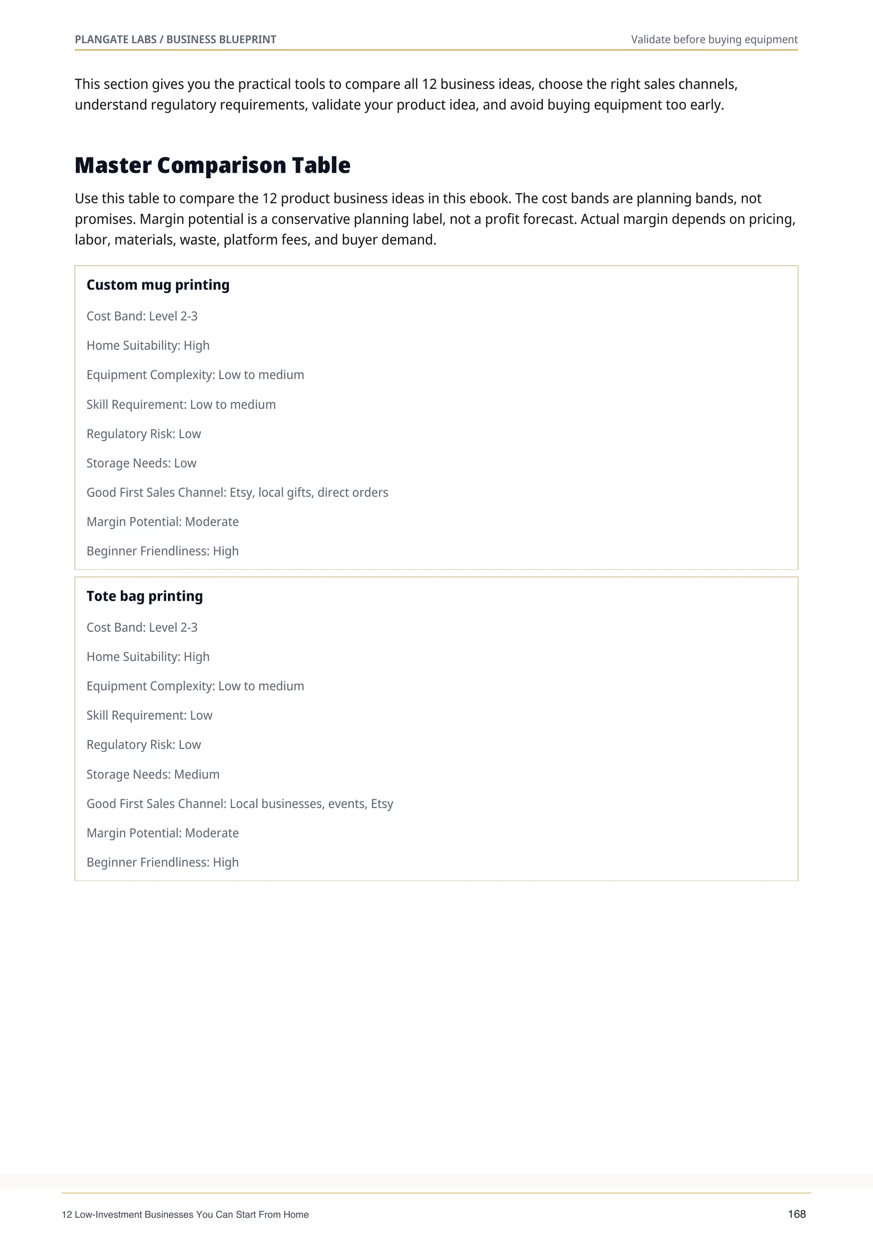 Master comparison table page from The Home Business Starter Blueprint