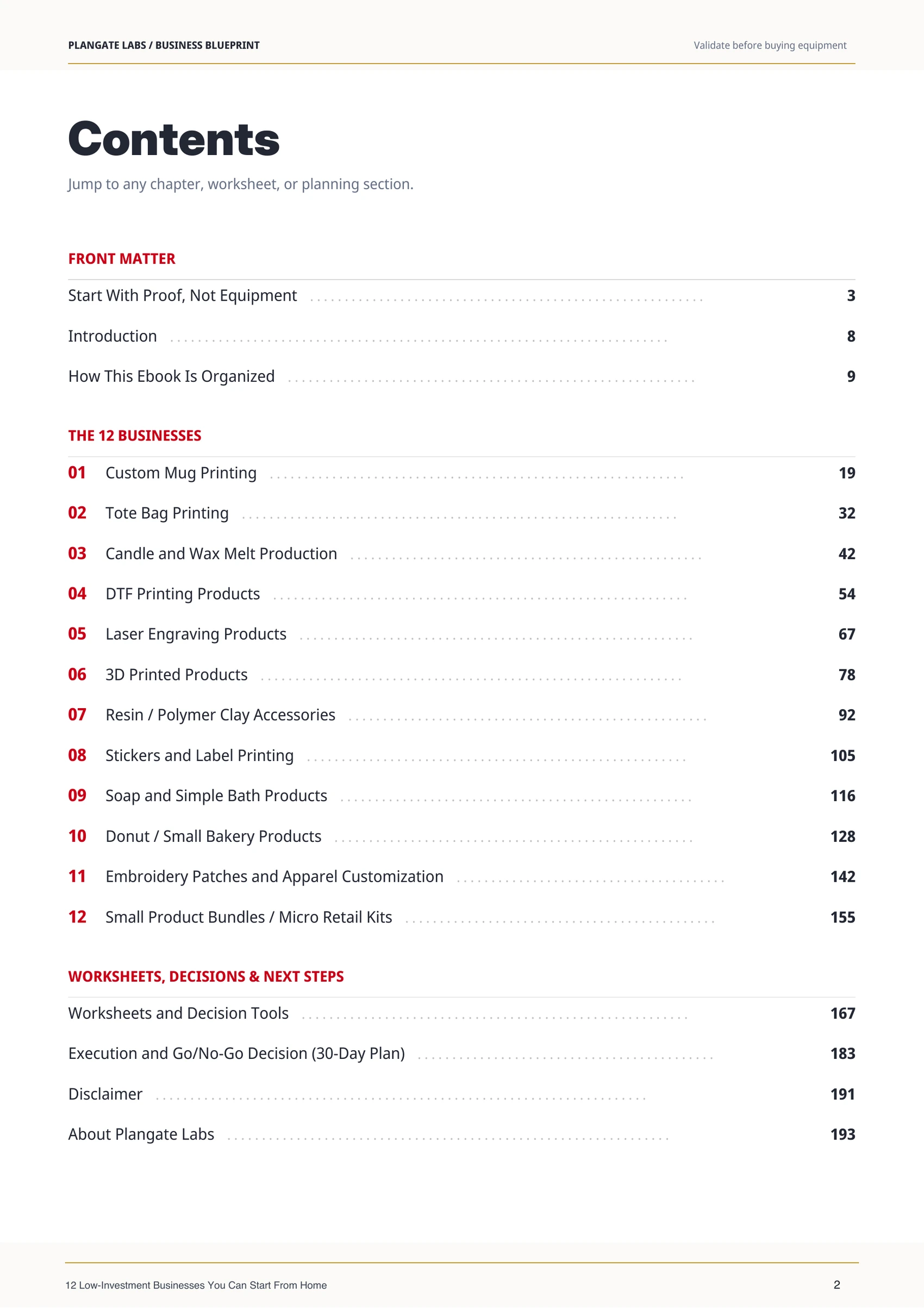 Contents page from The Home Business Starter Blueprint