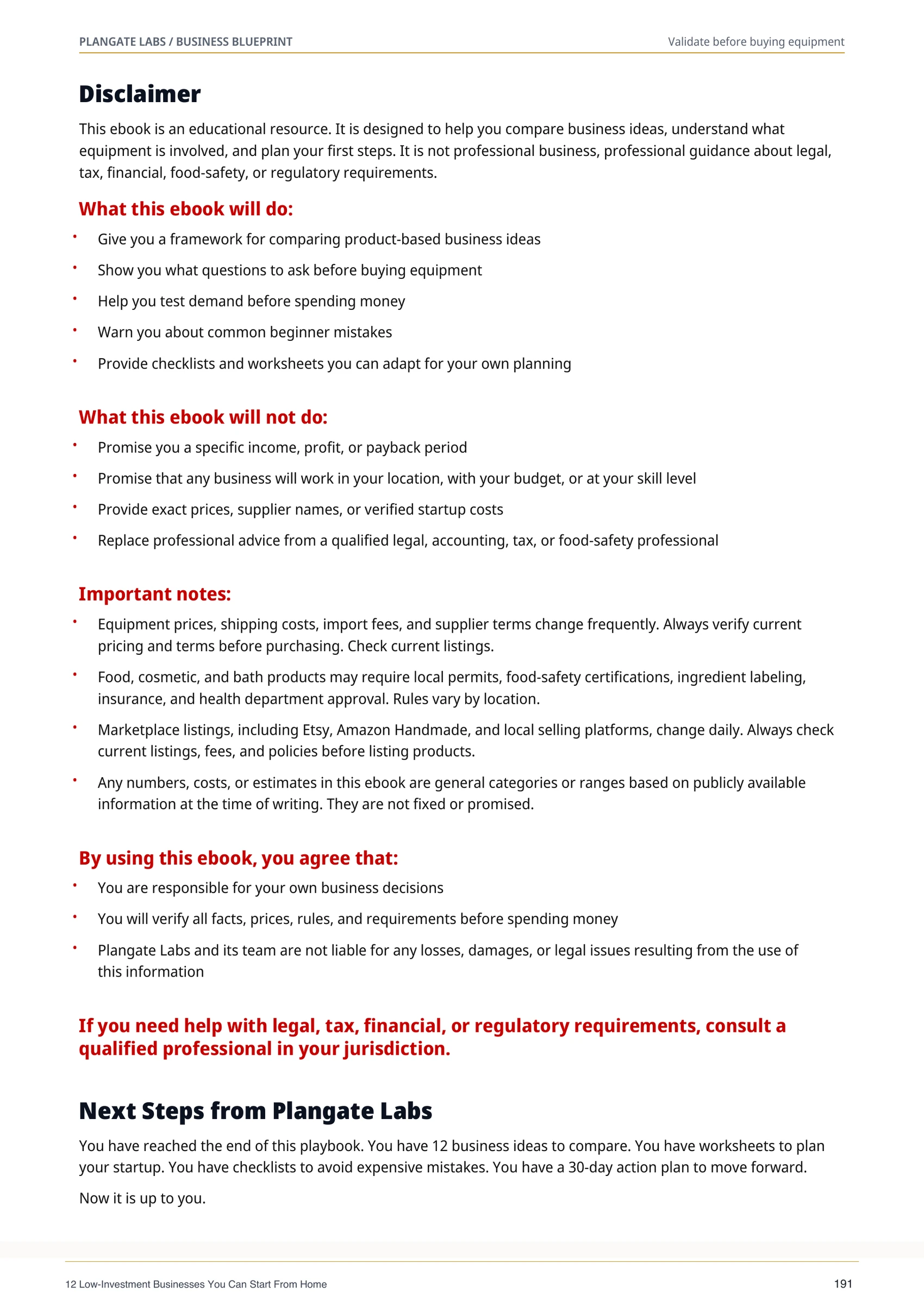Disclaimer page from The Home Business Starter Blueprint