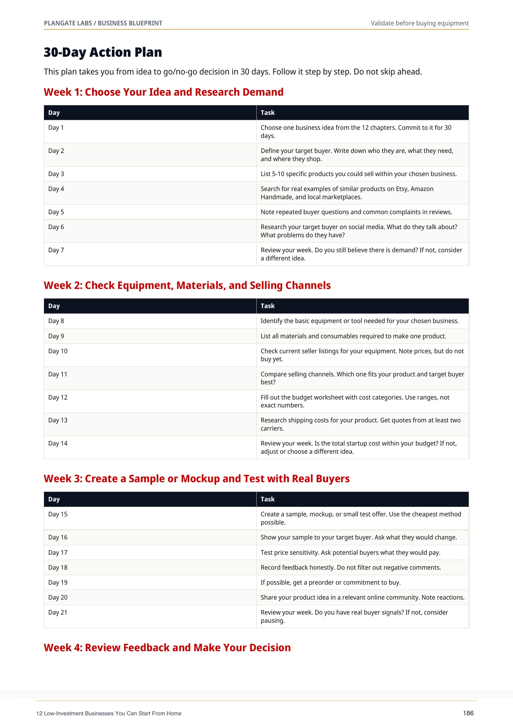 30-day action plan page from The Home Business Starter Blueprint