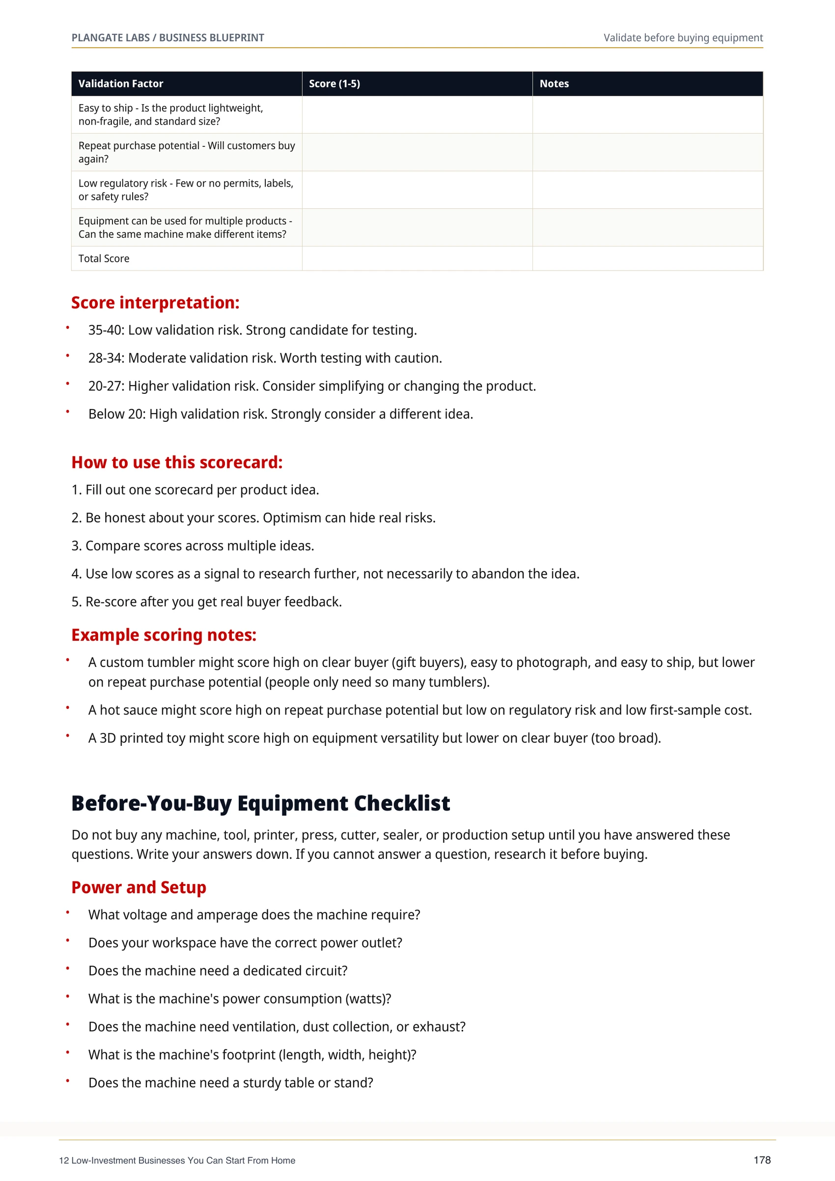 Product validation scorecard and before-you-buy equipment checklist page