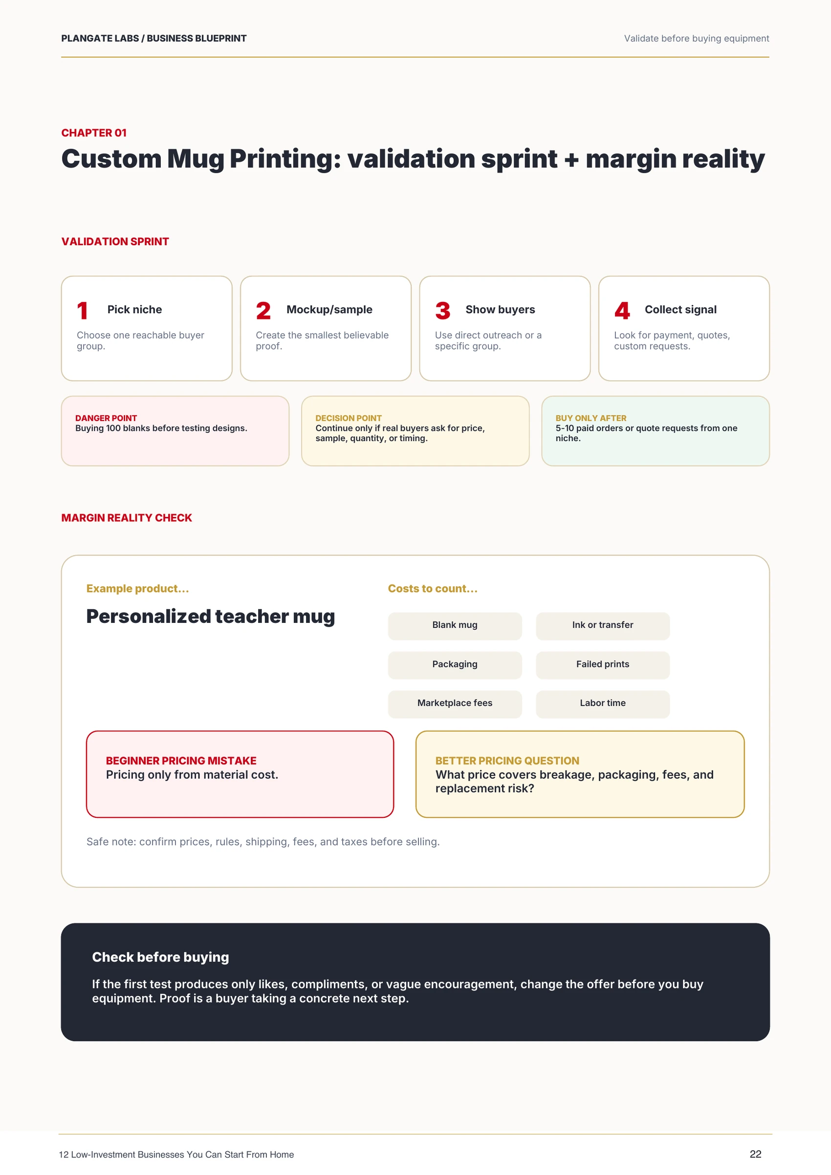 Custom mug printing validation sprint and margin reality page