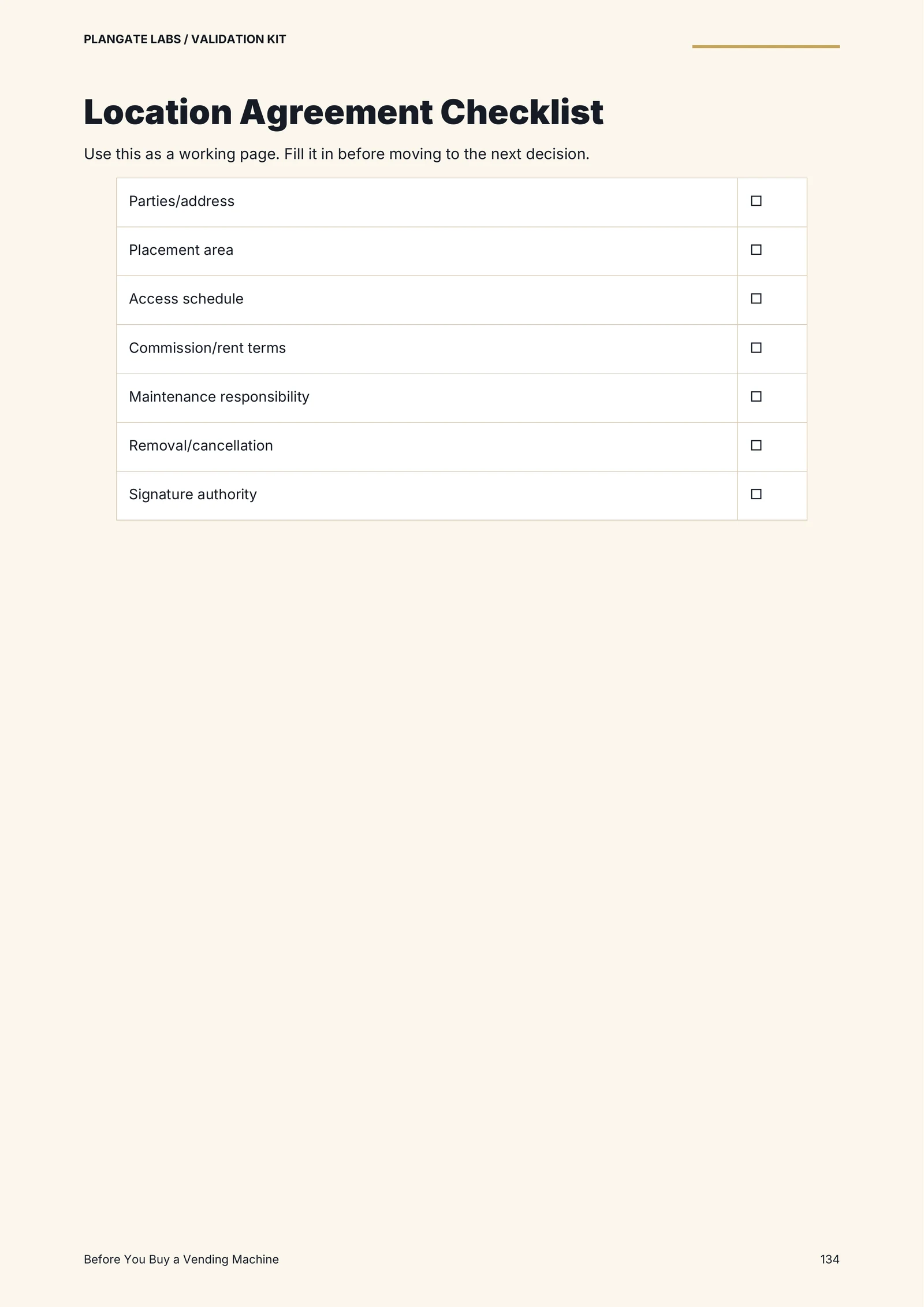 Location agreement checklist page