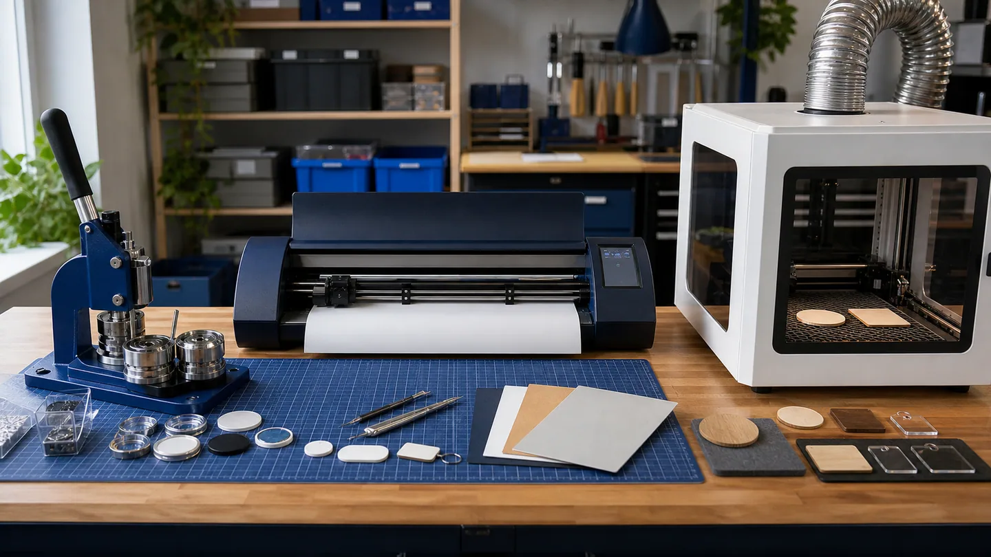 Badge maker, vinyl cutter, and enclosed laser engraver in a customization workshop