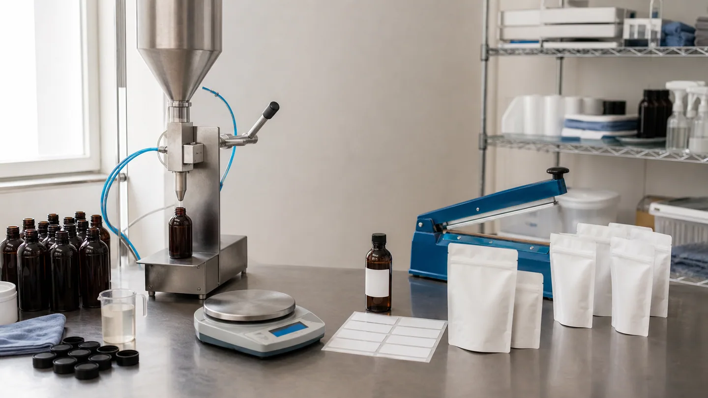 Manual bottle filler and impulse heat sealer at a small packaging station