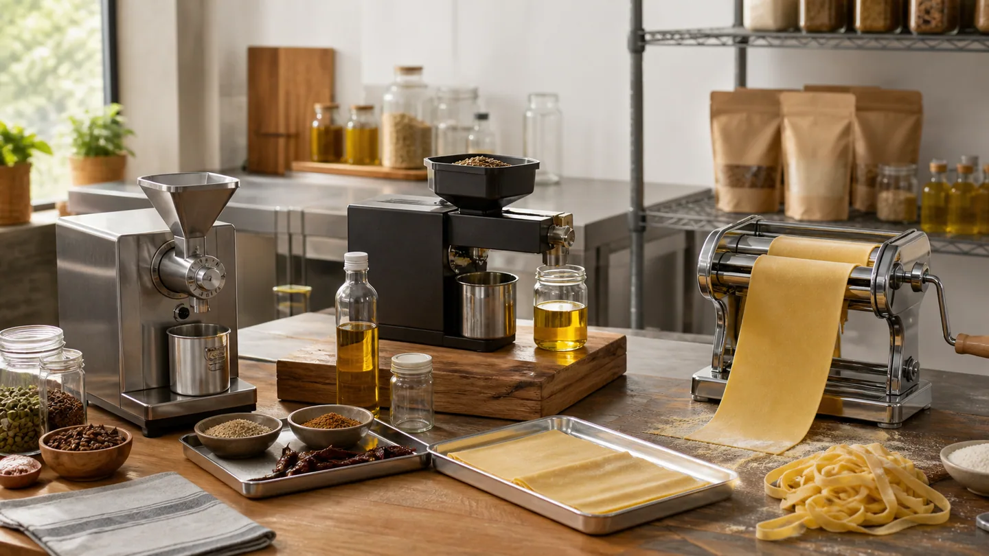 Compact oil press, spice grinder, and pasta sheeter in a small food-production workspace