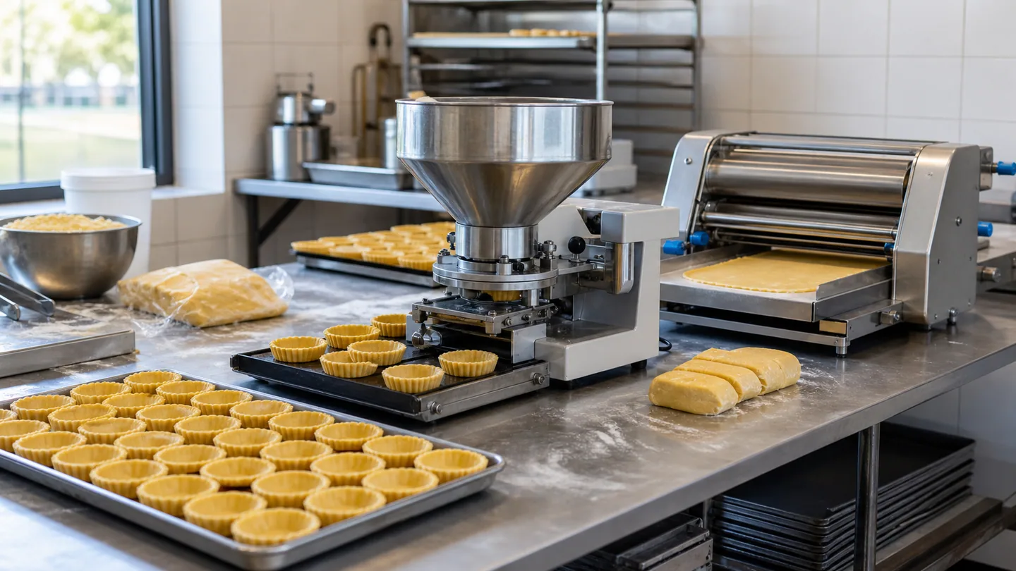 Tartlet shell forming machine and dough sheeter in a small wholesale bakery workspace